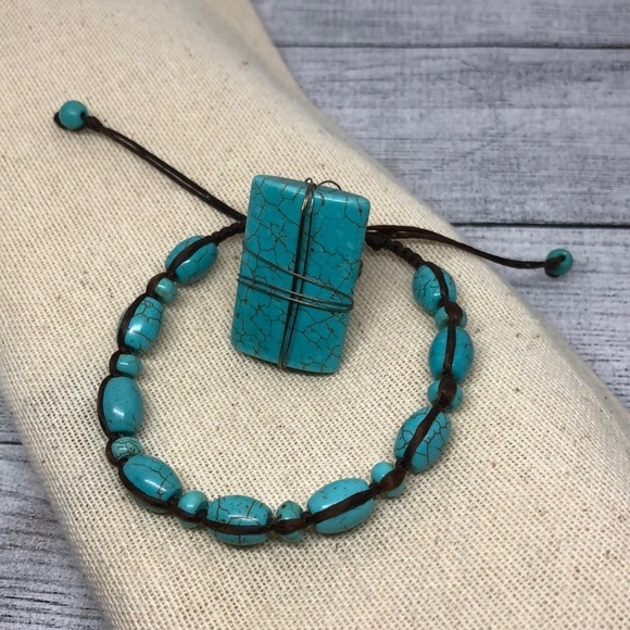Artisan handmade reconstructed turquoise statement ring and bracelet boho - Picture 1 of 7